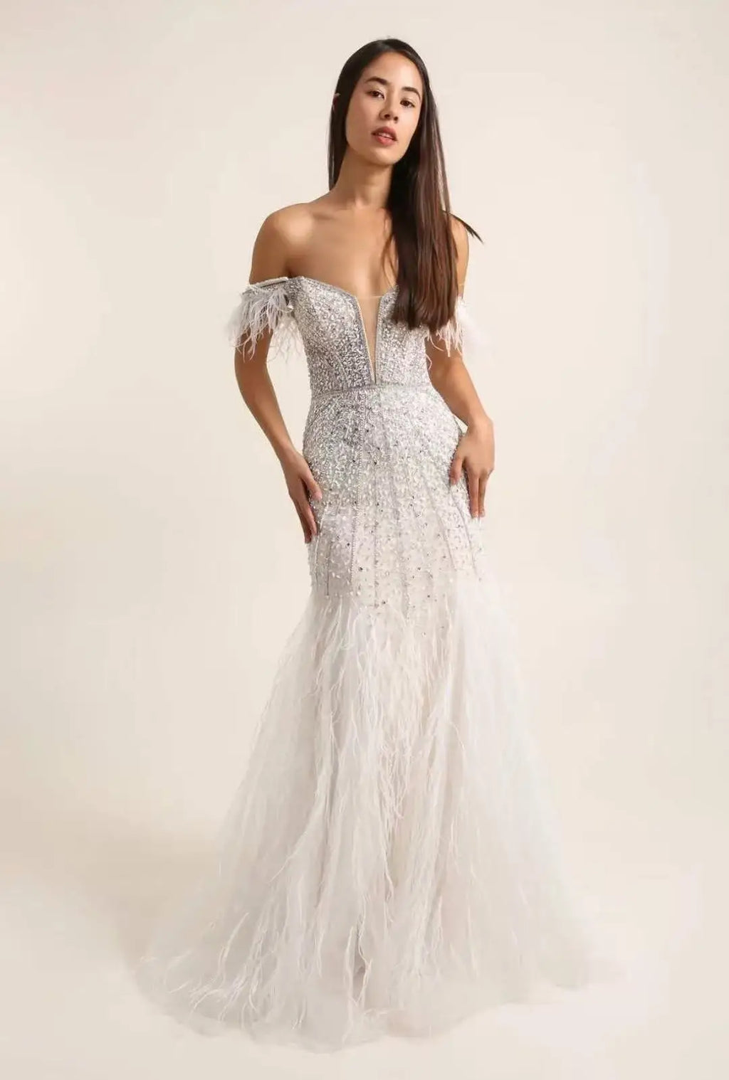 Luxury Feather White Nude Prom Evening Dresses Elegant Long Women's Wedding Party Dress