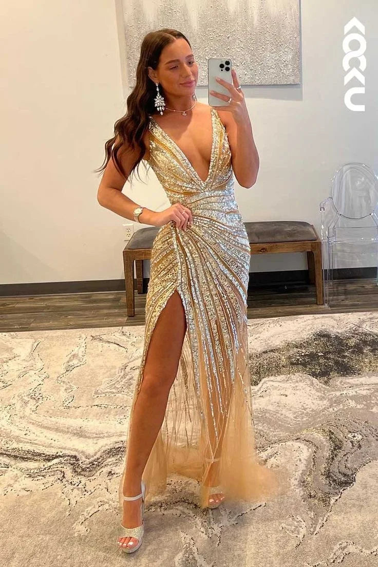 New Women's Gold Beading Long Evening Slit Sleeveless Dress Prom Dresses Party Sexy Sequin Evening Dress
