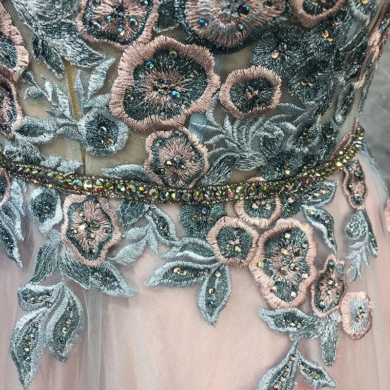 Latest Designs Flower Embroidery Prom a Line Spaghetti Strap Hot Drill Dress Long Formal Evening Gowns