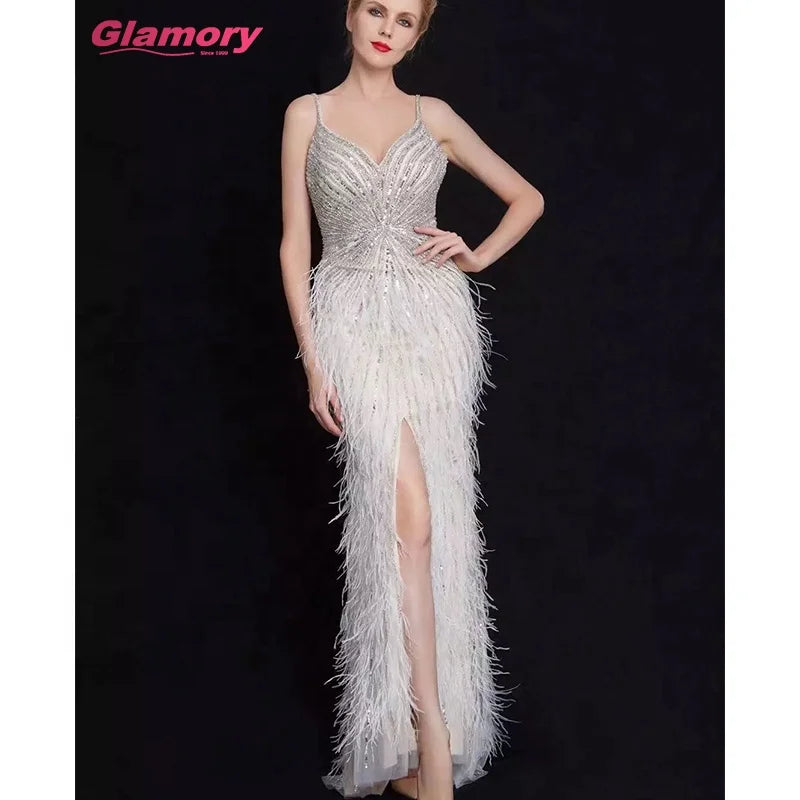 New 2022 Luxury Beaded Gown With Feathers Sexy Split Thigh Sheer Long Elegant Evening Dresses