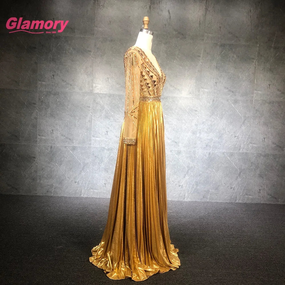 2021 New Collection Luxury Long-Sleeve V-Neck Party Gown for Fat Women Celebrity Sexy Evening Dress
