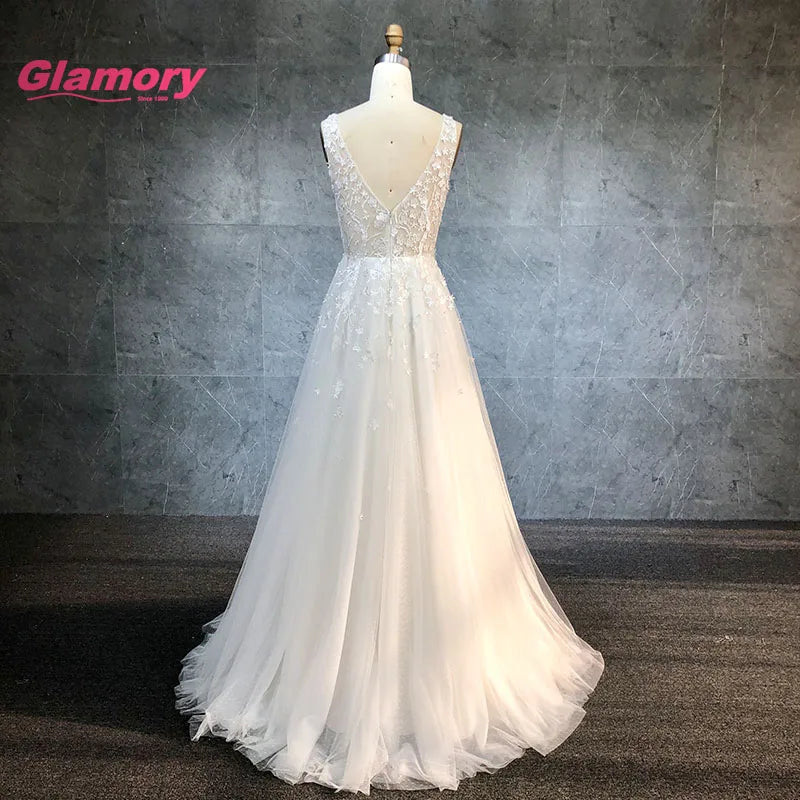 Ej test Latest A-Line V Neck Sleeveless Gown Lace Appliqued Tulle Bridal Wedding Dress
