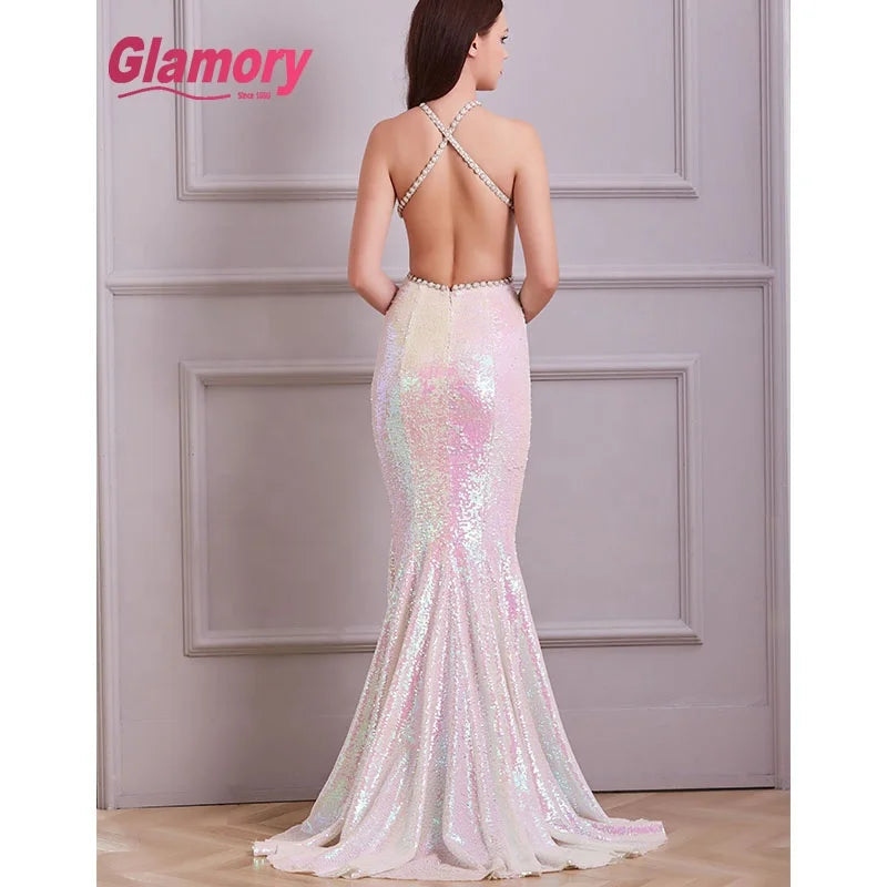 2020 New Arrival Sequin Evening Mermaid Style Halterneck Evening Dress