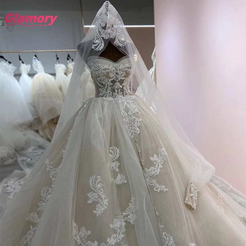 2020 Hot Sale Princesse Luxury Beading Lace Appliqued Wedding Gown Bridal Gown With Long Train