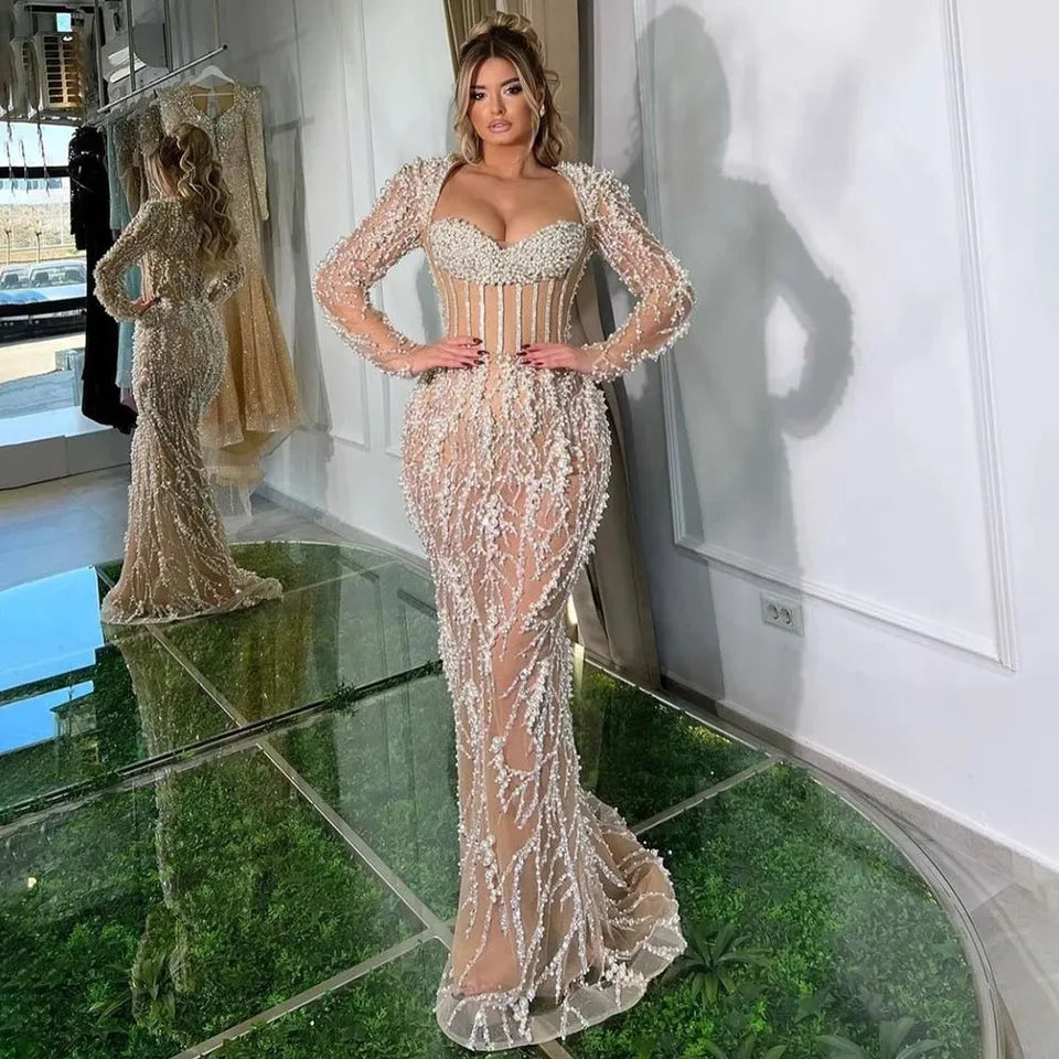 NEW 2024 Dubai Luxury Pearls Beaded Mermaid Evening Dress for Women at Wedding Party Nude Elegance