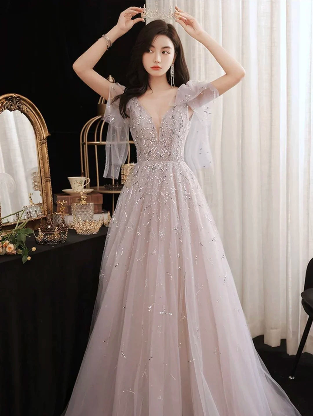 NEW  Women Elegant a Line Evening Dresses Illusion Deep V Neck Beading Party Evening Dresses