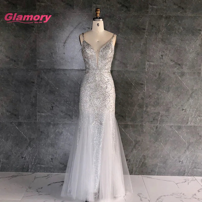 Wholesale Sexy Shiny Tulle Beaded Party Evening Dresses V Neck Mermaid Fishtail Long Graduation Prom Dress