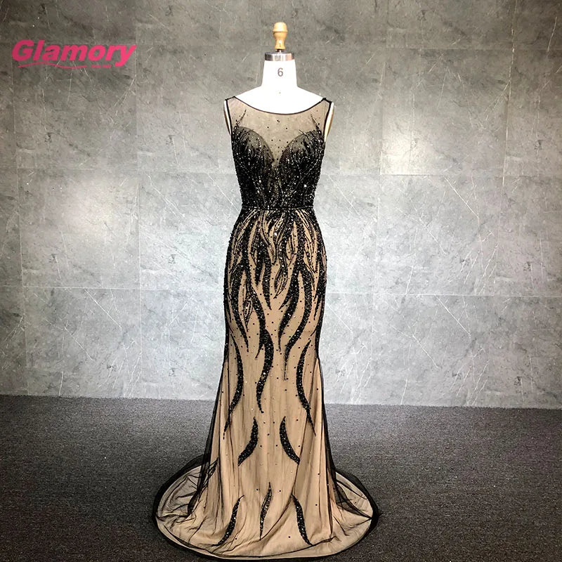 Black O-neck Prom Dresses Handmade Beaded Mermaid Evening Gowns Backless Long Vestidos Party Gown