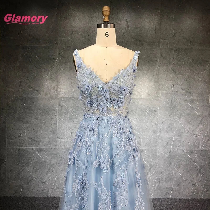 Latest Design V-neck 3D Flower Appliques A-Line Prom Dress Women Party Dresses Prom Gowns