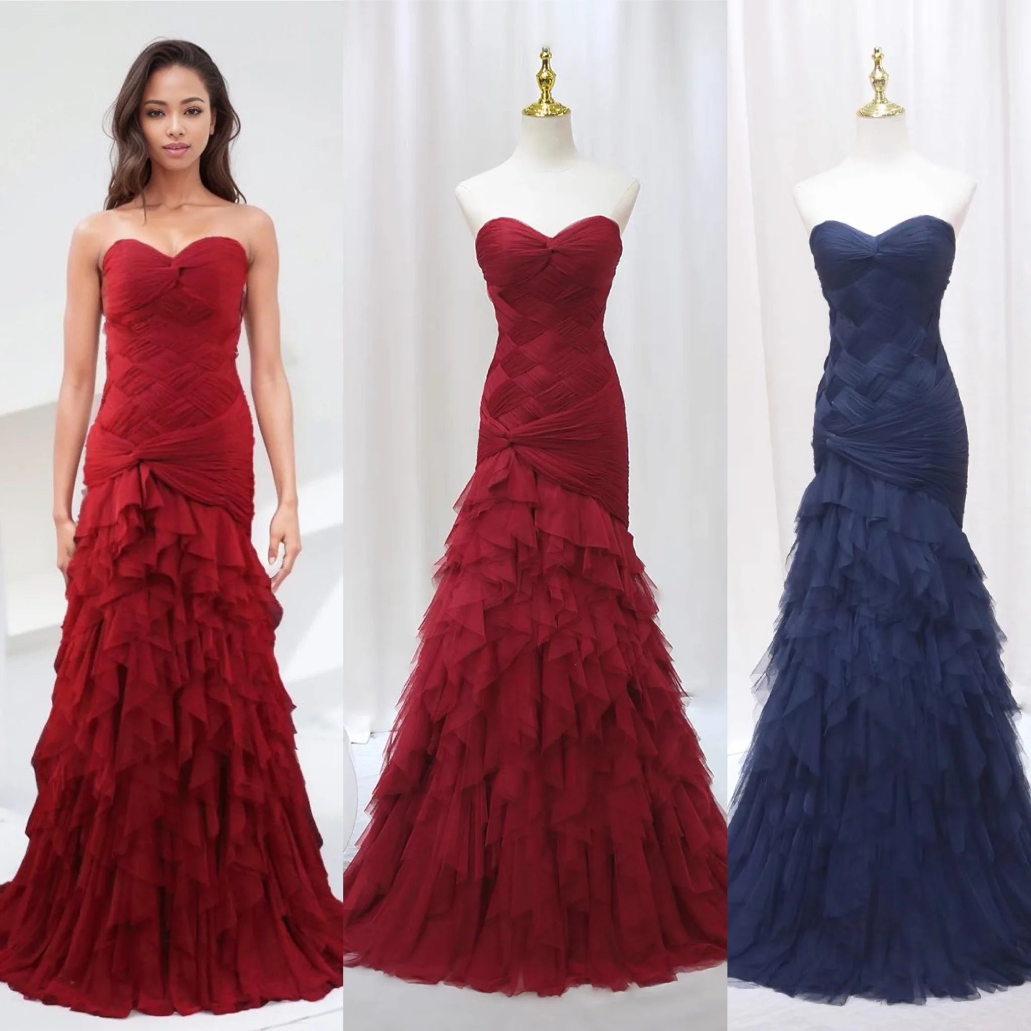 Navy Blue & Red Long Tulle Women Prom Dress  Summer Elegant Evening Birthday Party Gown