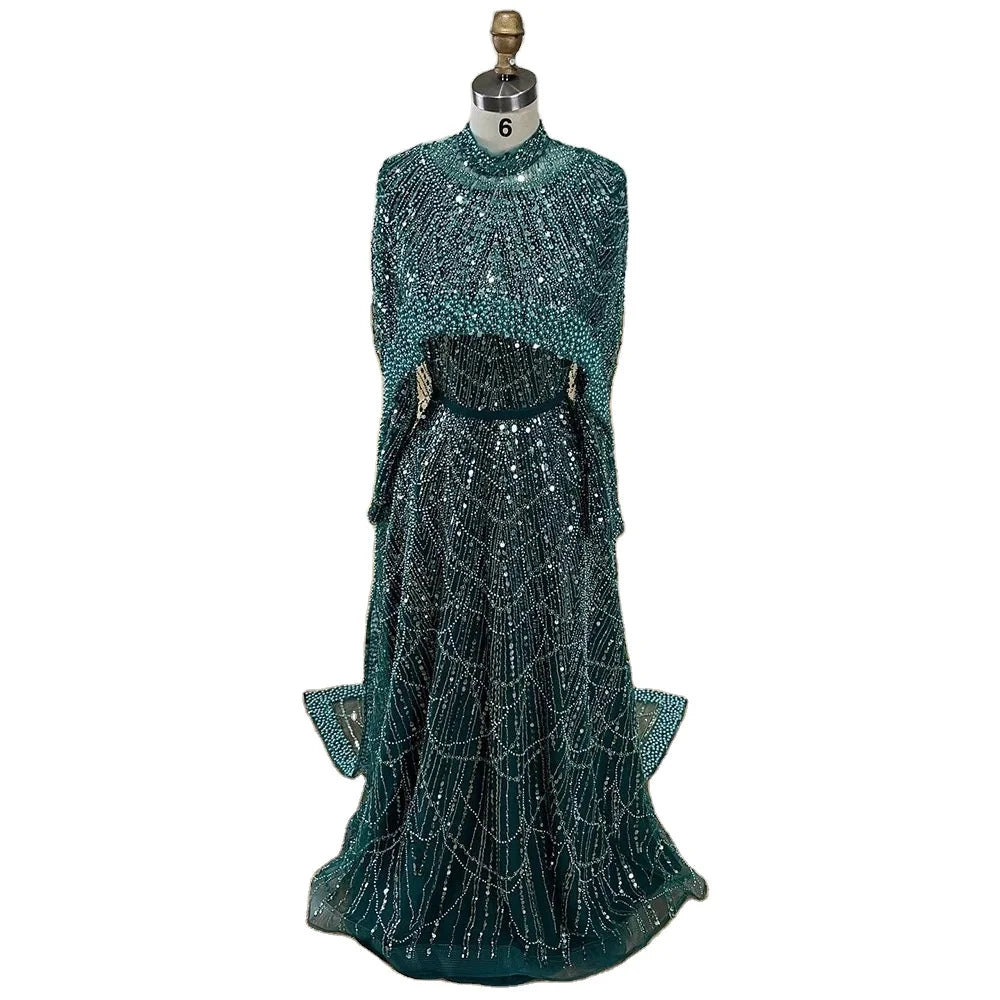 Muslim A-Line Beaded Luxury Arabic Evening Dress Gown 2025 Pearls Evening Dresses With Cape Women Wedding Party Gowns