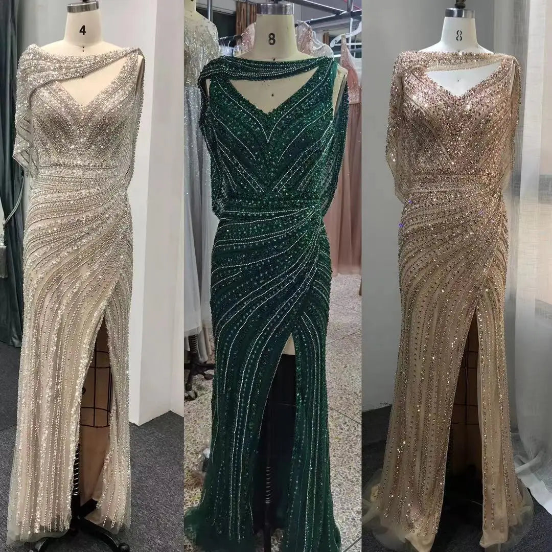 2020 Real Sample Pictures Rhinestones Mermaid Sexy Slit Prom Gown Vestido De Festa Evening Dress