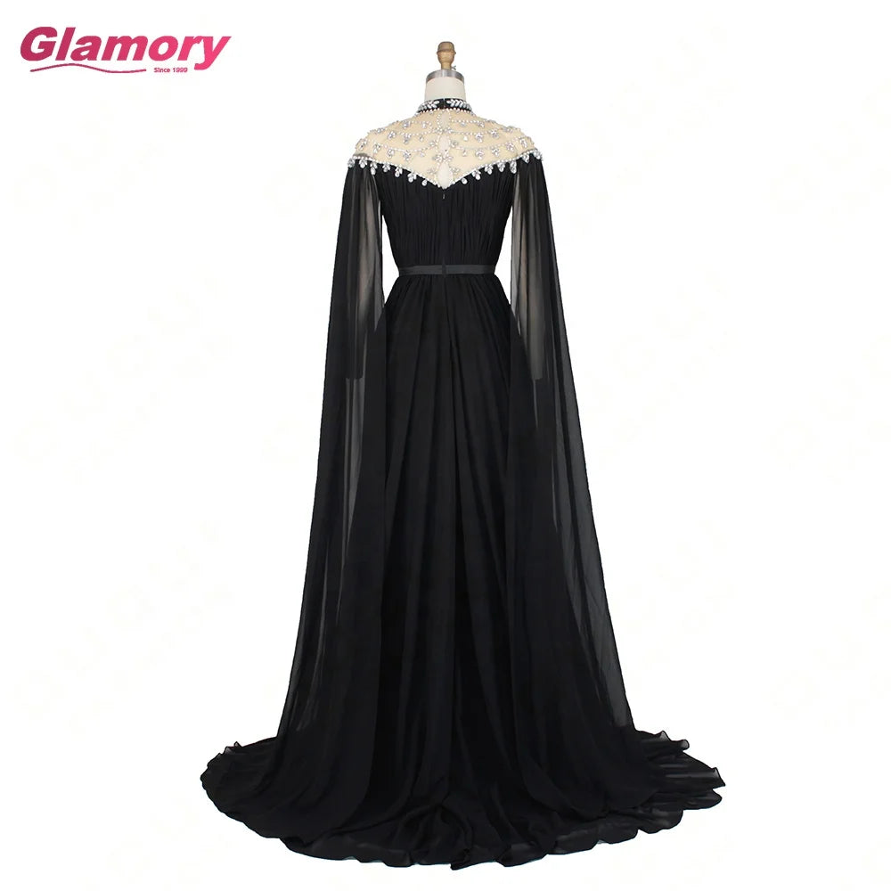 Cheap Dresses Kaftan Abiye Black Evening Dress Long Sleeves Beaded Crystal Chiffon Formal Gown Women Elegant Vestido Robe