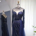 New Navy Blue Mermaid Dubai Evening Dress With Detachable Skirt Long Sleeve Arabic Formal Gowns for Women