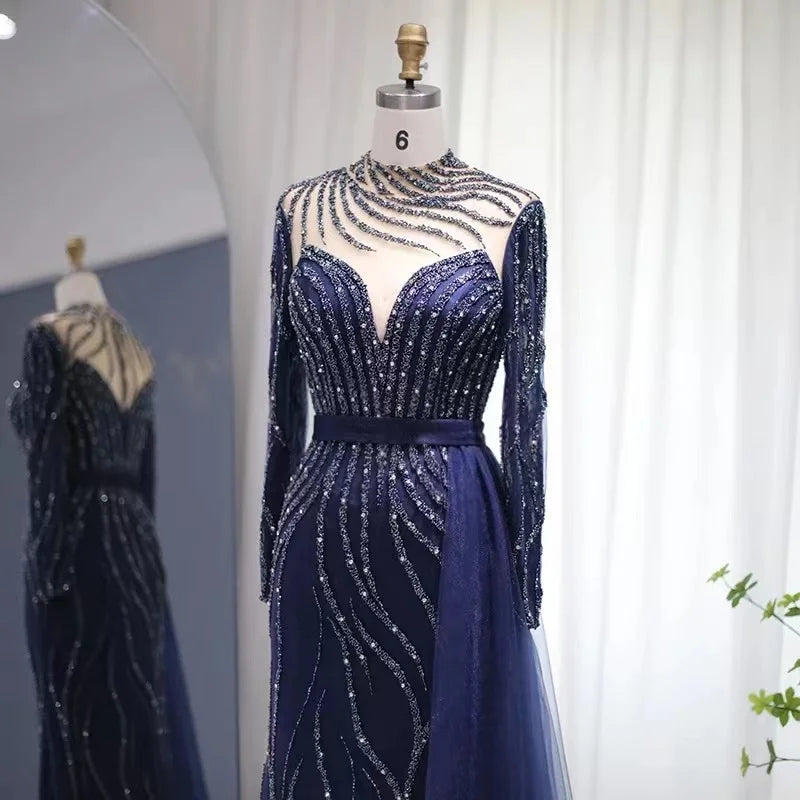 New Navy Blue Mermaid Dubai Evening Dress With Detachable Skirt Long Sleeve Arabic Formal Gowns for Women