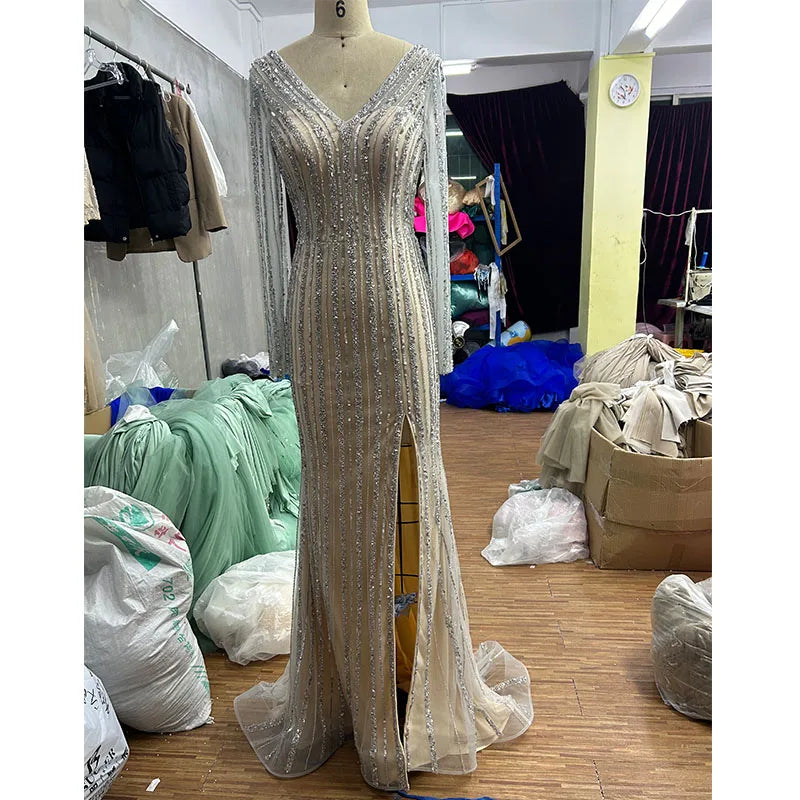 Beaded Long Sleeves Mermaid With Split Evening Dress 2024 Elegant Party Gown for Women