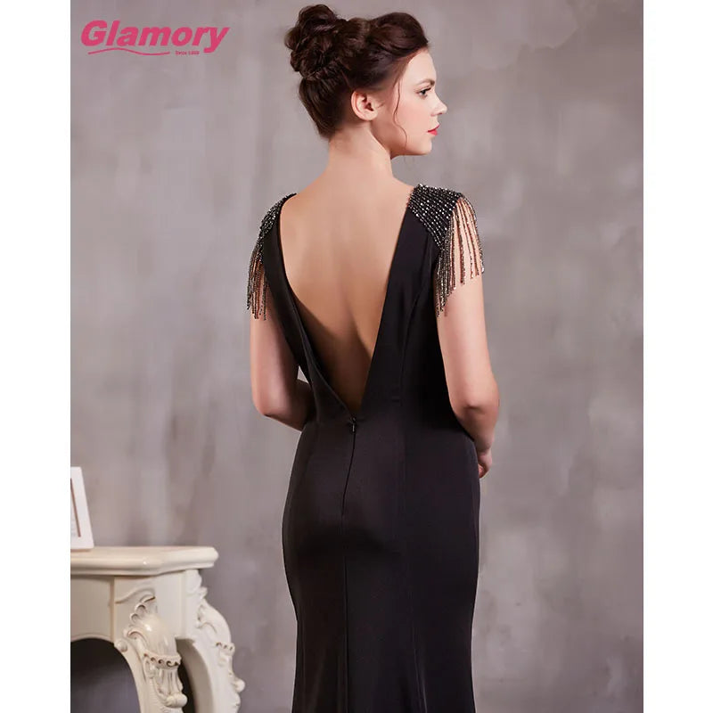 Black European Style Knitted Skirt Sexy Backless Dresses Women Elegant Evening Dress