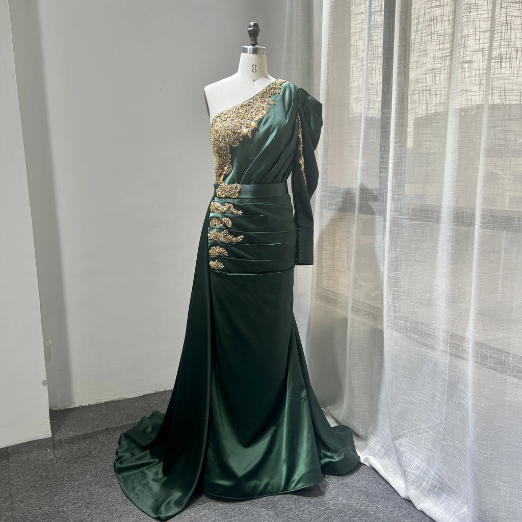 Modest One Shoulder Satin Evening Dresses 2022 Women Trumpet/Mermaid Handmade Beading Evening  Gowns