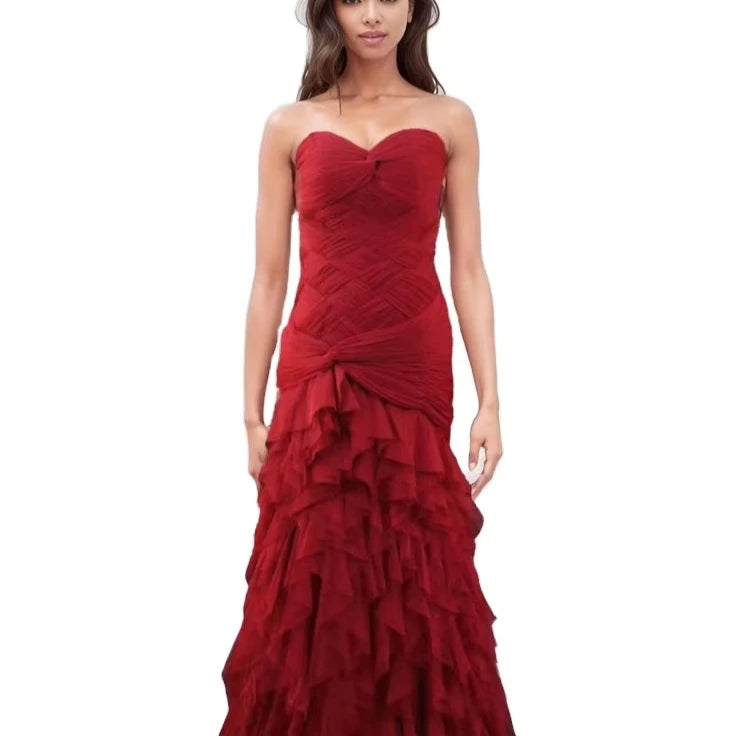 Burgundy & Blue Mermaid Prom Dresses Sweetheart Sleeveless Tiered Tulle Evening Dresses for Women Formal Party Gowns