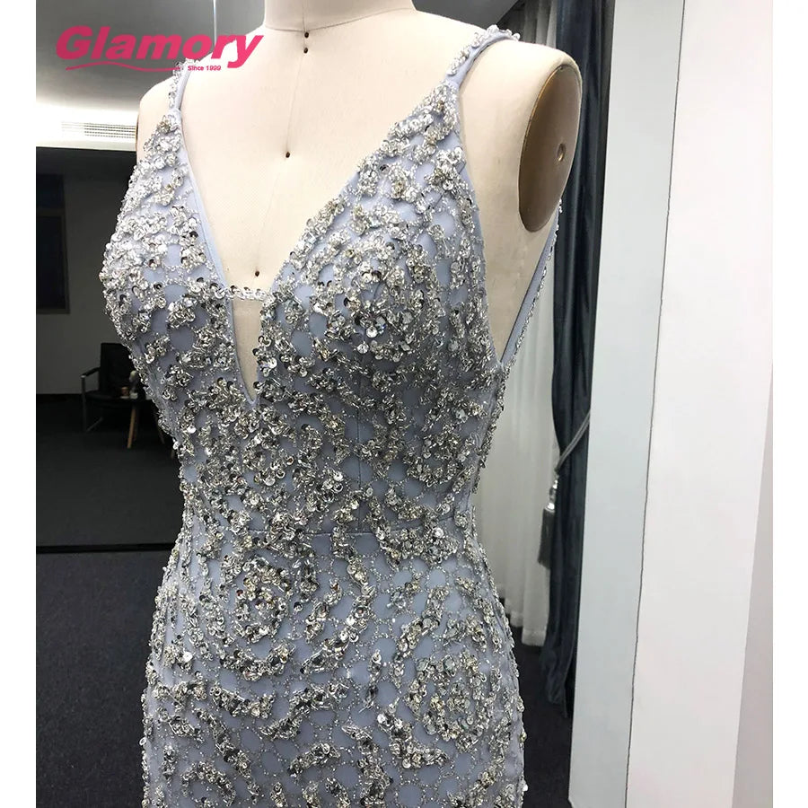 Sky Blue Sparkly Evening V-Neck Spaghetti Strap Halter Long Slim Prom Dress