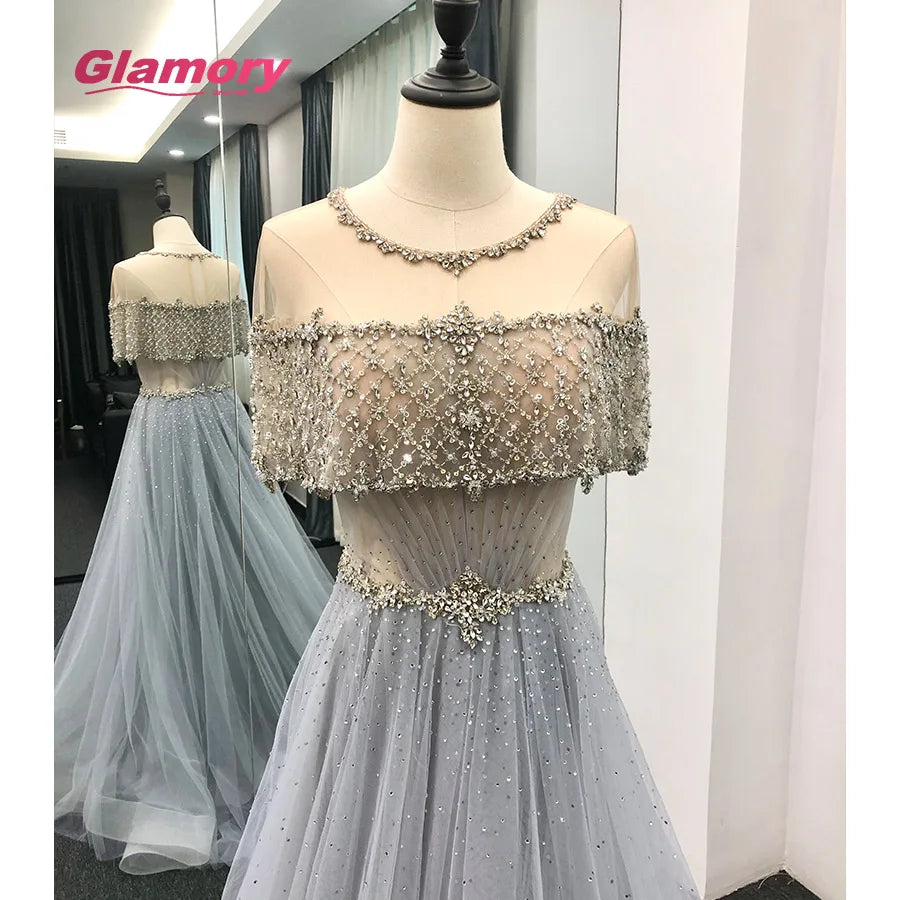 Hot Sale Evening Dresses Light Blue Short Sleeve a Line Party Wear Crystal Beaded Tulle Sexy Prom Dress