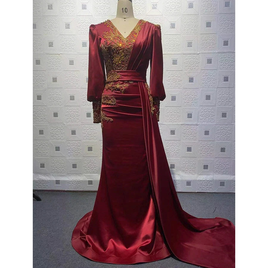 Modest Long Sleeve Handmade Beaded  Ruffle Satin Party Elegant Mermaid Party Evening Dress for Woman