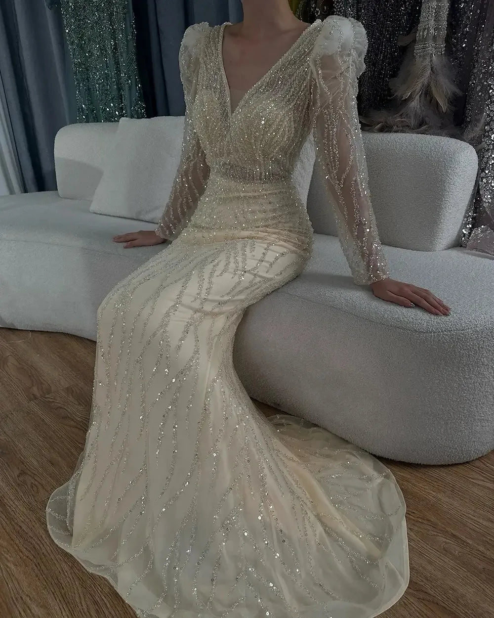 Muslim V-Neck Long Sleeves Mermaid Beaded Evening Dress Elegant Formal Party Gowns 2025 for Women