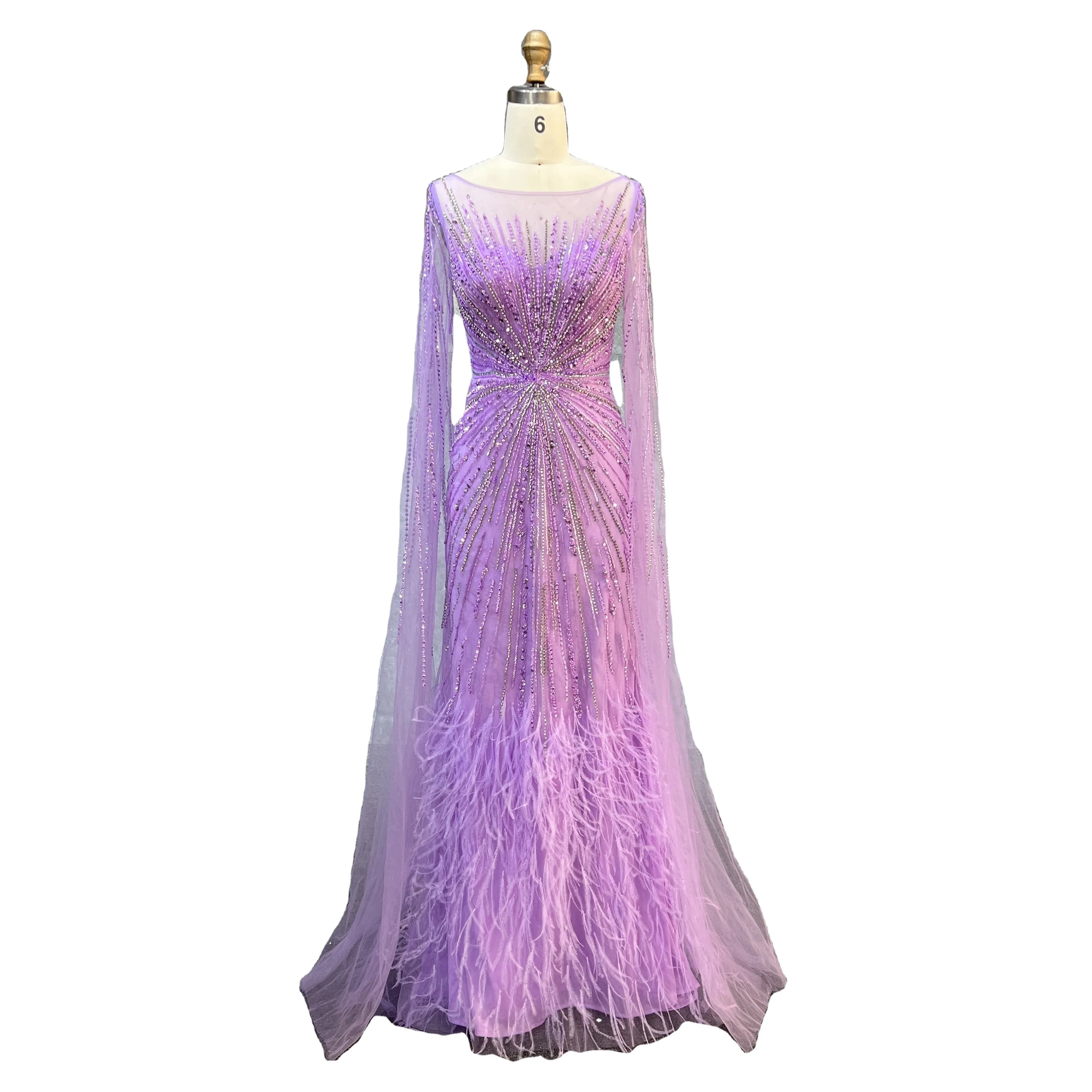 Luxury Dubai Lilac Feathers Beaded Cape Sleeves A-line Evening Gown for Women Wedding Party Dresses