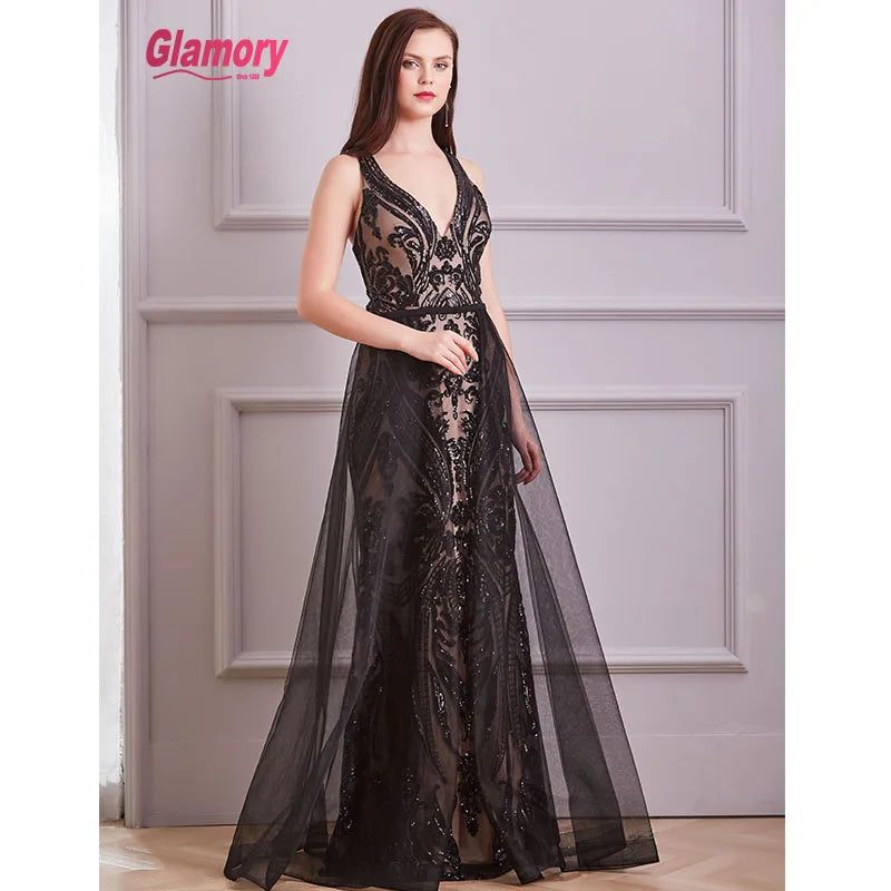 Black Pattern Sequin Evening Dress Sexy Bare Back Long Prom Dress