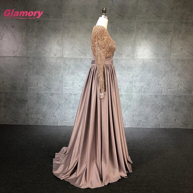 2021 New Designs Lady Party Plus Size Full Sleeve Floor-length Gray Pleat Satin Evening Dresses