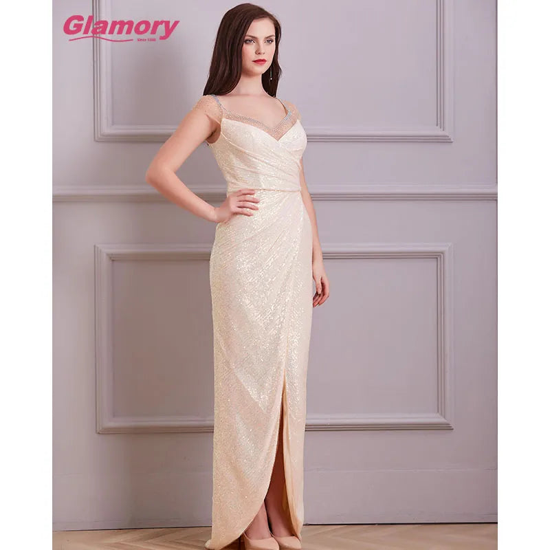 Rose Gold Fishtail Sequin Hot Drilling Dresses Split Pleated Banquet Dress Long Formal Evening Dress for Women