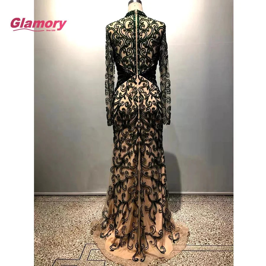 Dubai Fashion Dark Green Mermaid Dresses Hight Neck Long Sleeve Formal Women Lady Elegant Prom Evening Gowns