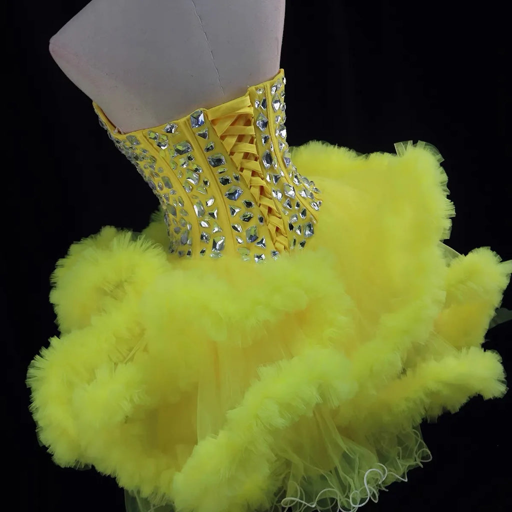 Yellow New Design Sweet Heart Beading Sugar Dress Ruffles Party Evening Dress