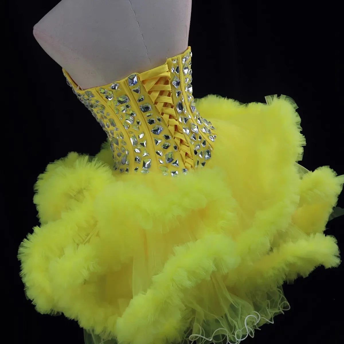 Yellow New Design Sweet Heart Beading Sugar Dress Ruffles Party Evening Dress