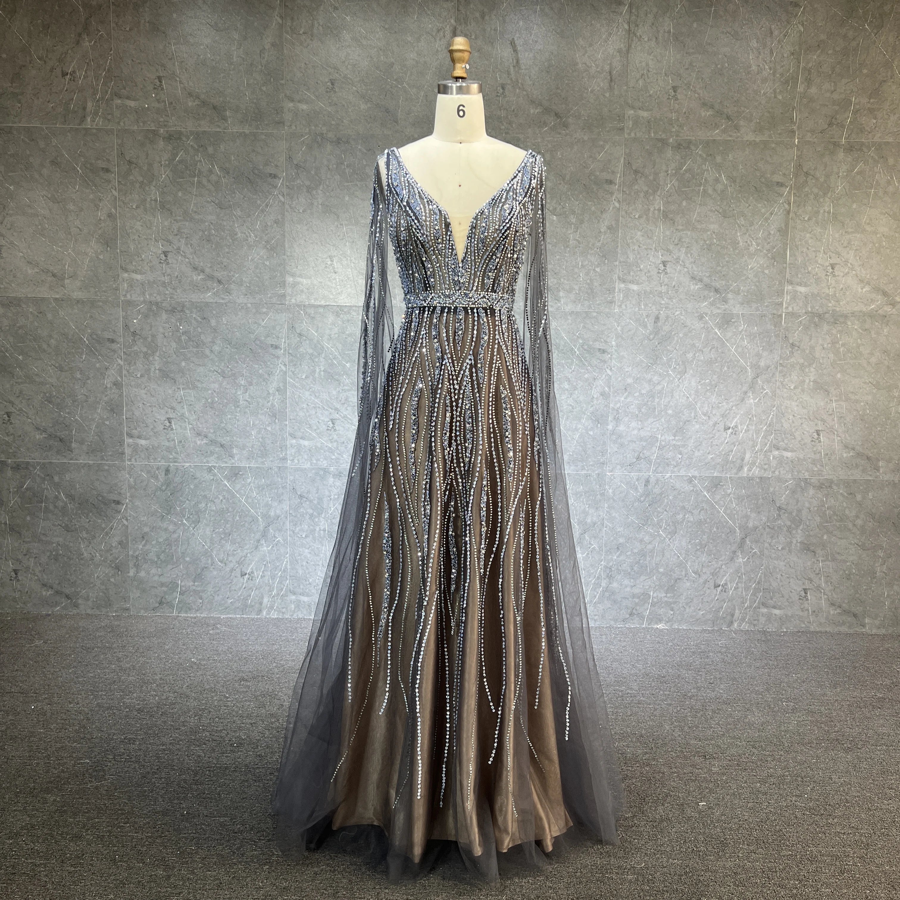 Luxury Dubai Black Arabic Evening Dress With Cape Sleeves Elegant Blue Red  Grey Women Wedding Formal Party Gown