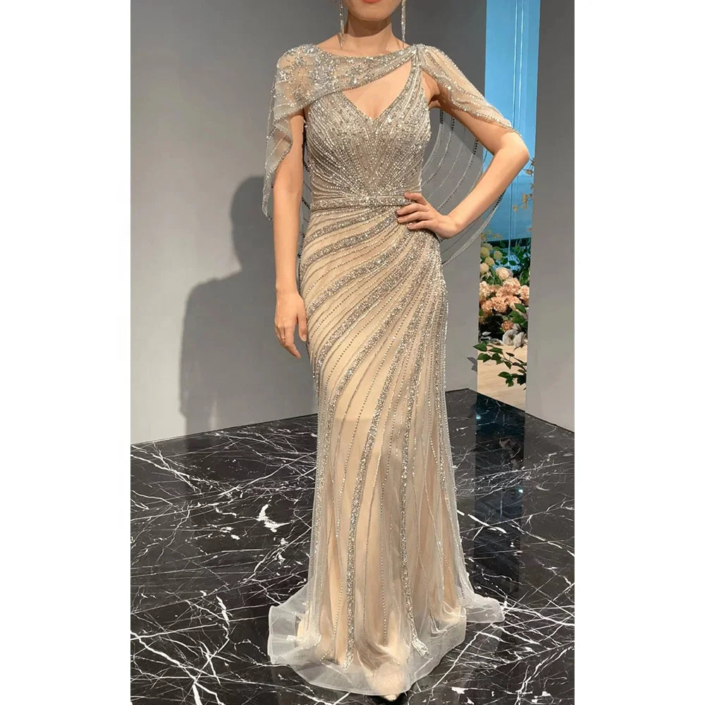 2021 New Fashion Beading Evening Dress Mermaid V Neck Sexy Party Wear Gown With Cape for Women