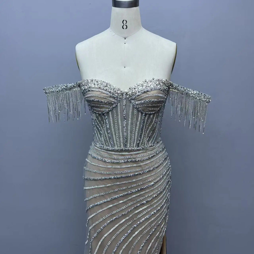 Red Off Shoulder Evening Dresses for Women Beaded with Front Leg Slit Fitted Bodice Perfect for Formal Events Prom