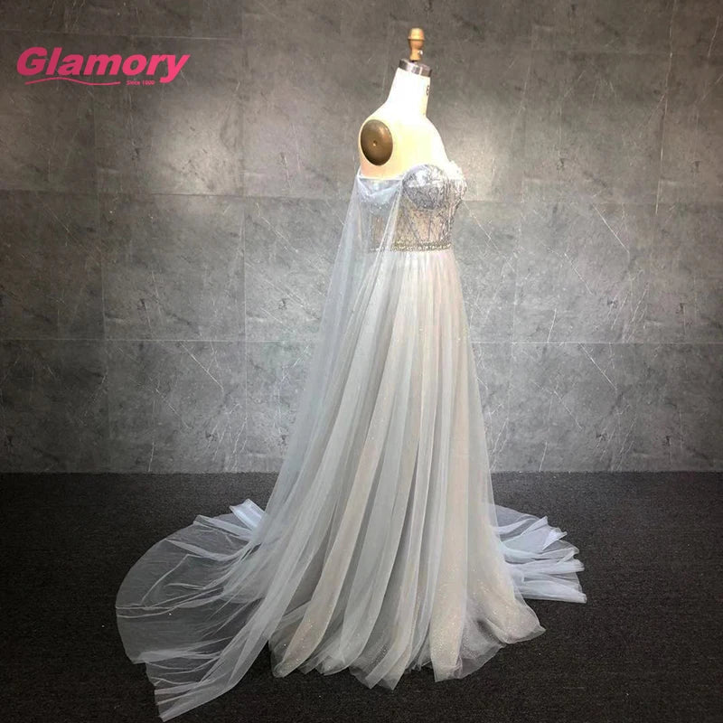 New Style Banquet Evening Dress Off-shoulder Semi Transparent Sexy Beading Tulle Prom Dresses