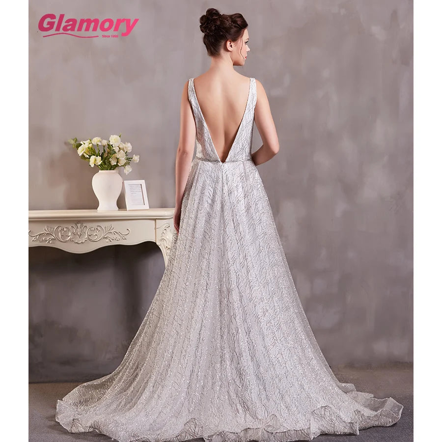 Silver Hot Selling Bling Prom Dresses V-neck Gown Dress Graduation Dress Sleeveless