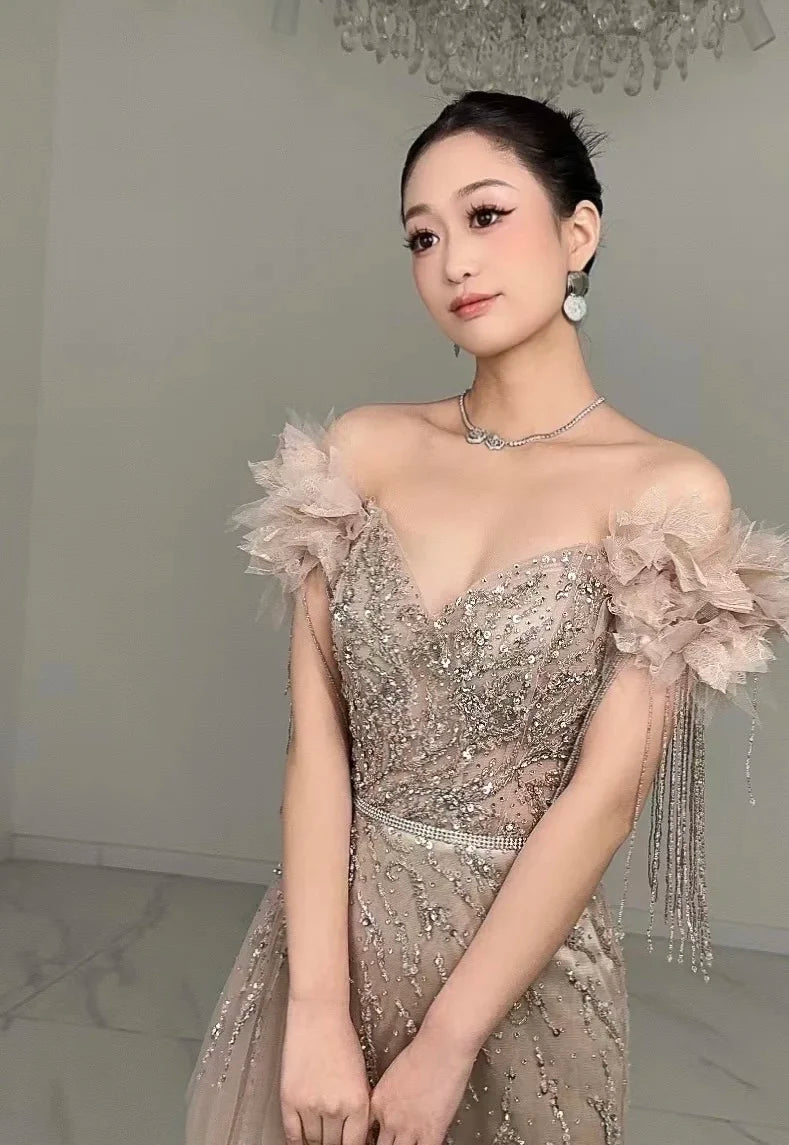 2024 NEW Arabic Dubai Nude Mermaid Luxury Evening Dresses Gowns Boat Neck Beaded Tassel for Women Wedding Party