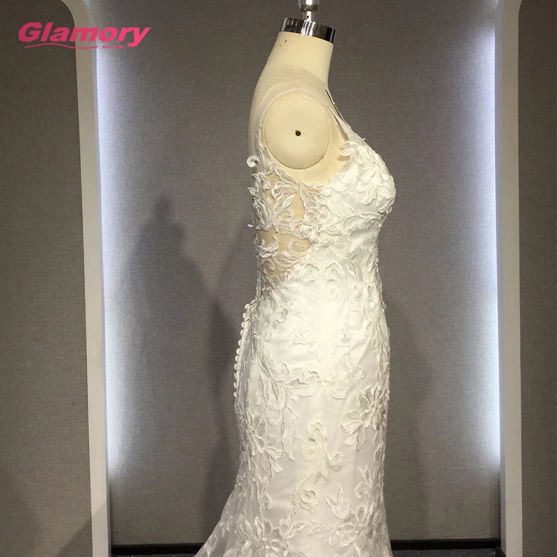 White Marriage Lace Fabric Bride Gown Spaghetti Straps Tulle Mermaid Wedding Dress Made in Chaozhou