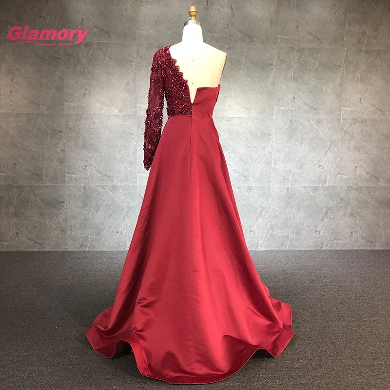 Burgundy One Shoulder 3D Beaded  Lace Sexy Evening Gowns Long a Line Satin Formal Prom Dresses