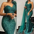 Dubai Green Party Dinner Dress One Shoulder Cape Long Evening Dresses With Beads Belt Customized Luxury Wedding Robe