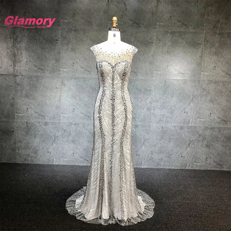 2020 New Sexy O Neck Luxury Beaded Prom Dresses Backless Mermaid Dress Banquet Evening Formal Gowns