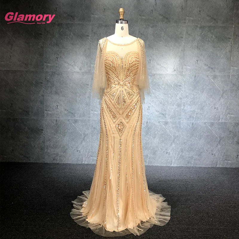 In Stock Luxury Cape Beaded Party Gown O Neckline Mermaid Evening Prom
