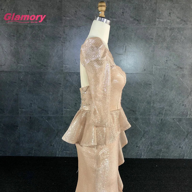 Wholesale Ladies Formal Long Sleeve Mermaid Champagne Prom Dress Sexy Open Leg Prom Dress