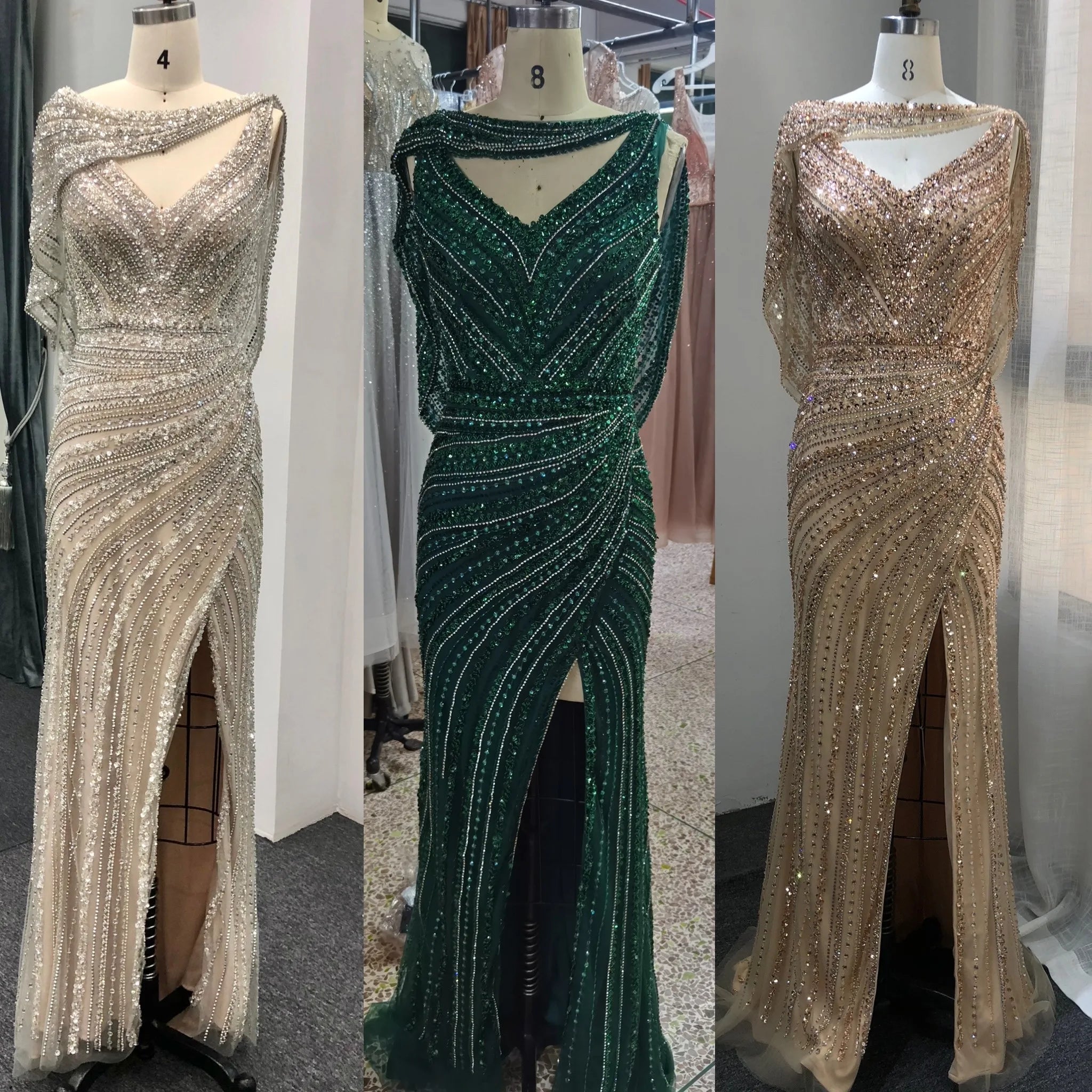 New Fashion Beading Evening Dress Mermaid V Neck Sexy Party Wear Gown With Cape for Women