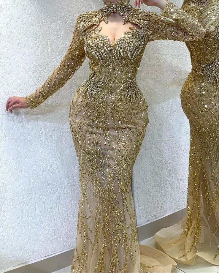 NEW Long Sleeve 2025 Beaded Rhinestone Full Sequin Women Party Elegant Mermaid Luxury Sequin Women Party Elegant Evening Dresses