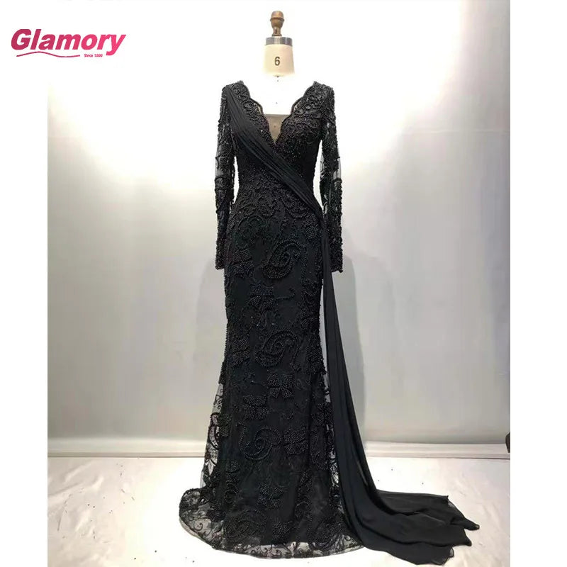 2021 Mermaid Design Lady Sexy Bodycon Heavy Lace Beading Elegant Party Long Black Evening Dress
