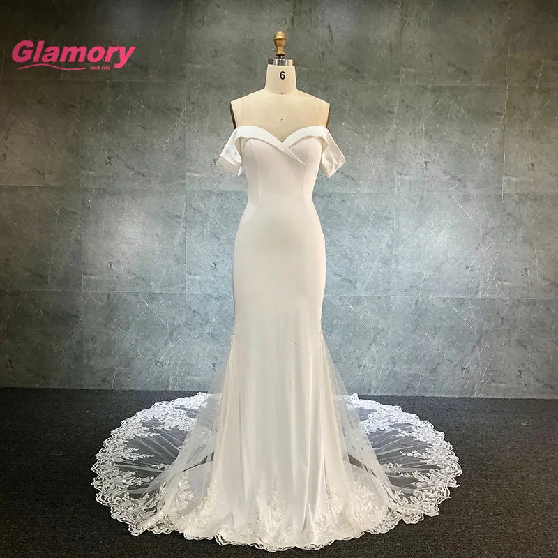 Sexy Mermaid Satin Off Shoulder Vestido De Noiva White High Quality Luxury Lace Long Trailing Bridal Wedding Dress